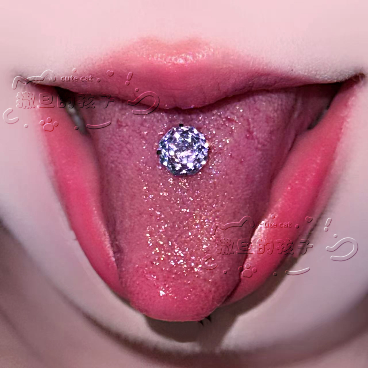 Satan's Child Blue Vine Under the Moon F136 Titanium Alloy Drinking Tongue Piercing, Rose Cut Sparkling Tongue Ring detail image 8