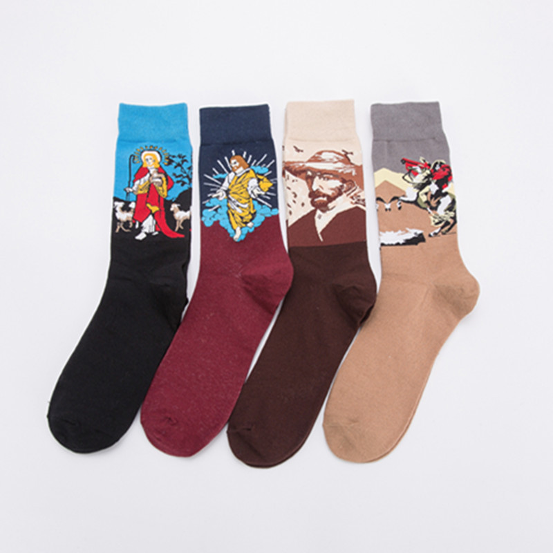 New Style Oil Painting Character Trendy Socks for Men and Women, Mid-Calf Cotton Socks, Fashionable Casual Couple Socks Wholesale