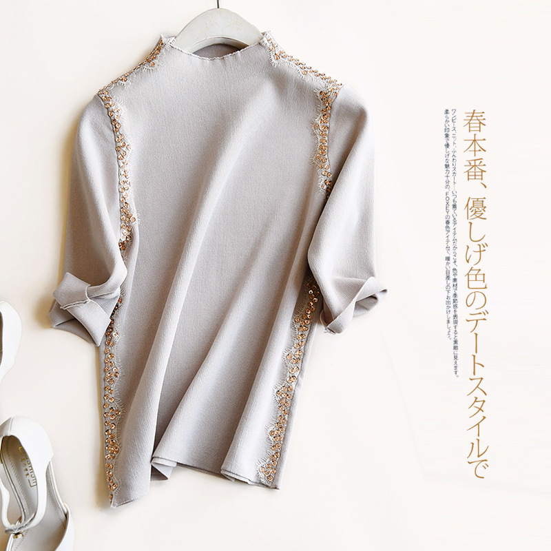 Exquisite to cry ~ ~ ~ eyelash lace string beads small half high round neck sleeve pullover sweater women's spring clothing