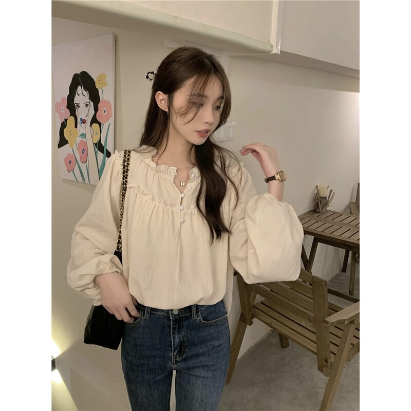 实拍 法式复古小众设计感上衣女装秋季泡泡袖chic边长袖衬衫88922|undefined