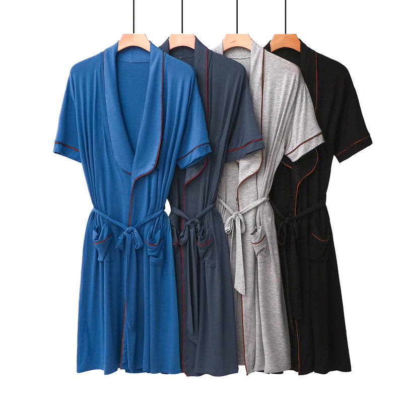 Bit Cotton Men's Encrypted Large Size Home Clothes Korean Style Short-Sleeved Lapel Mid-Length Belted Draped Pajamas Bathrobe