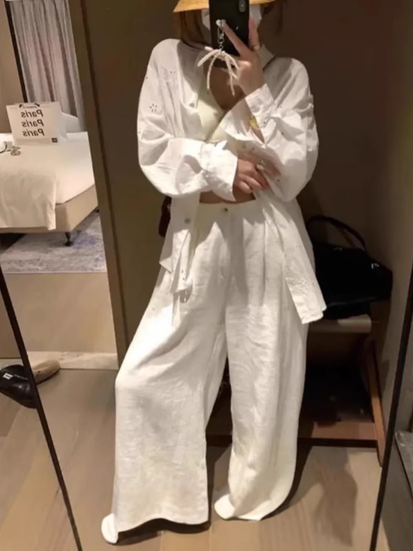 テンセルリネンリヨセルワイドレッグパンツ2025夏新作ドレープハイウエストゆったりレイジースタイルスリムパンツ|undefined