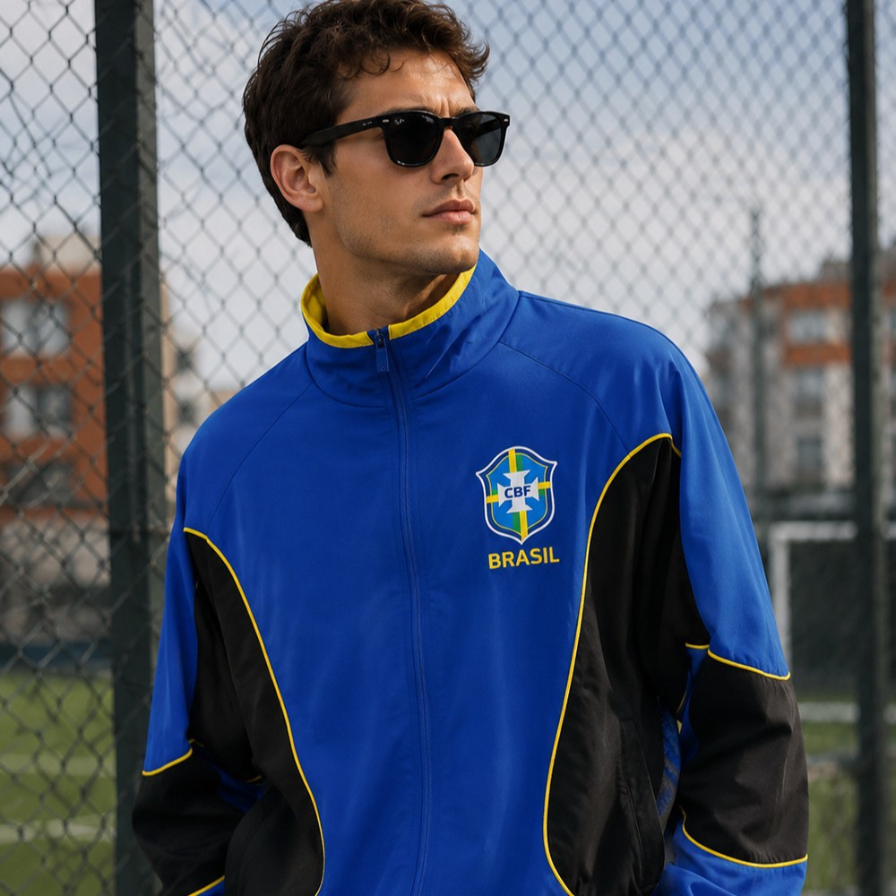 New football jacket, double-layer men's Brazilian national team jacket, blue and black classic casual sportswear for spring and autumn
