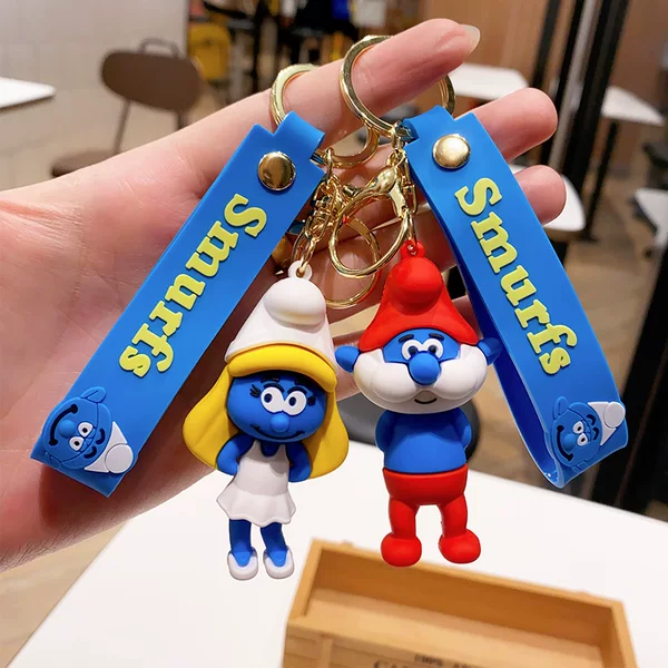 Cartoon Smurf Doll Car Keychain Soft Rubber Doll Backpack Pendant Couple Small Gift Creative Design