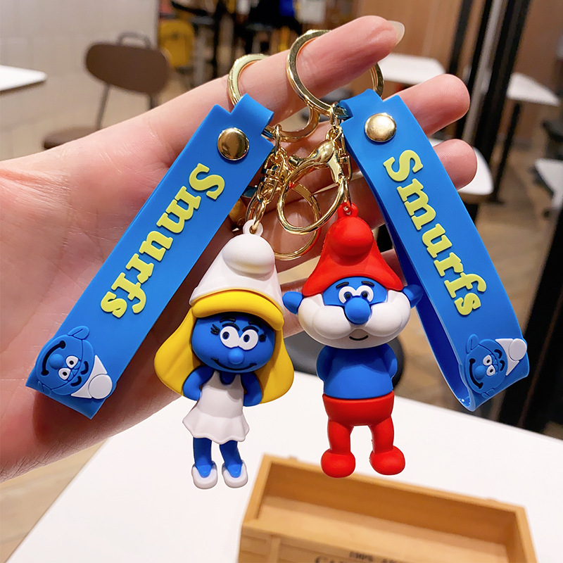 Cartoon Smurf Doll Car Keychain Soft Rubber Doll Backpack Pendant Couple Small Gift Creative Design