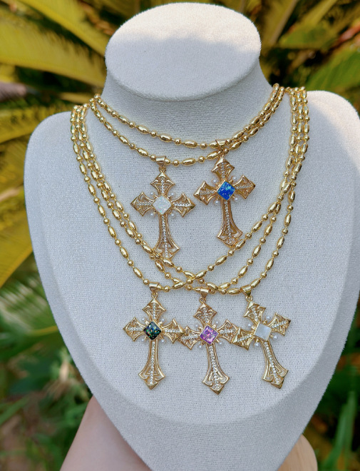 Pendant Necklace Classification Copper Chain Material 1 Piece Quantity Mother Pearl Shellfish Copper Plating Cross Pendant Necklace