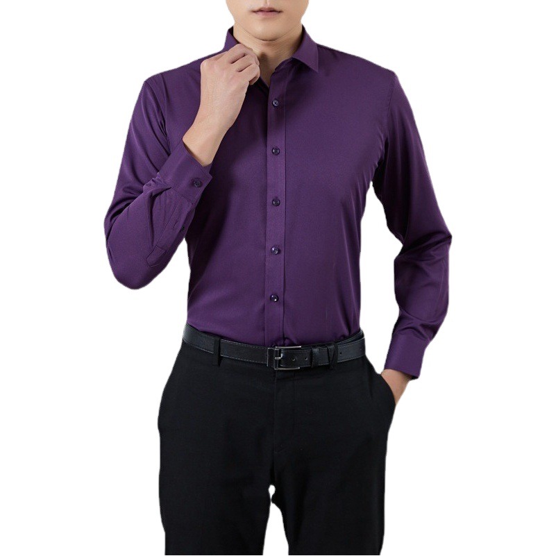 Spring and Autumn Men's Shirts, Solid Color Four-Way Stretch Shirts, Urban Style Workwear Shirts for Young and Middle-Aged Men, Long-Sleeved Shirts