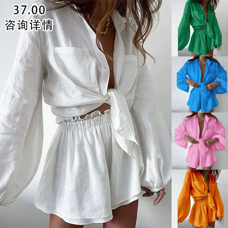 2025亚马逊欧美跨境女装休闲纯色荷叶边短裤衬衫时尚套装女两件套