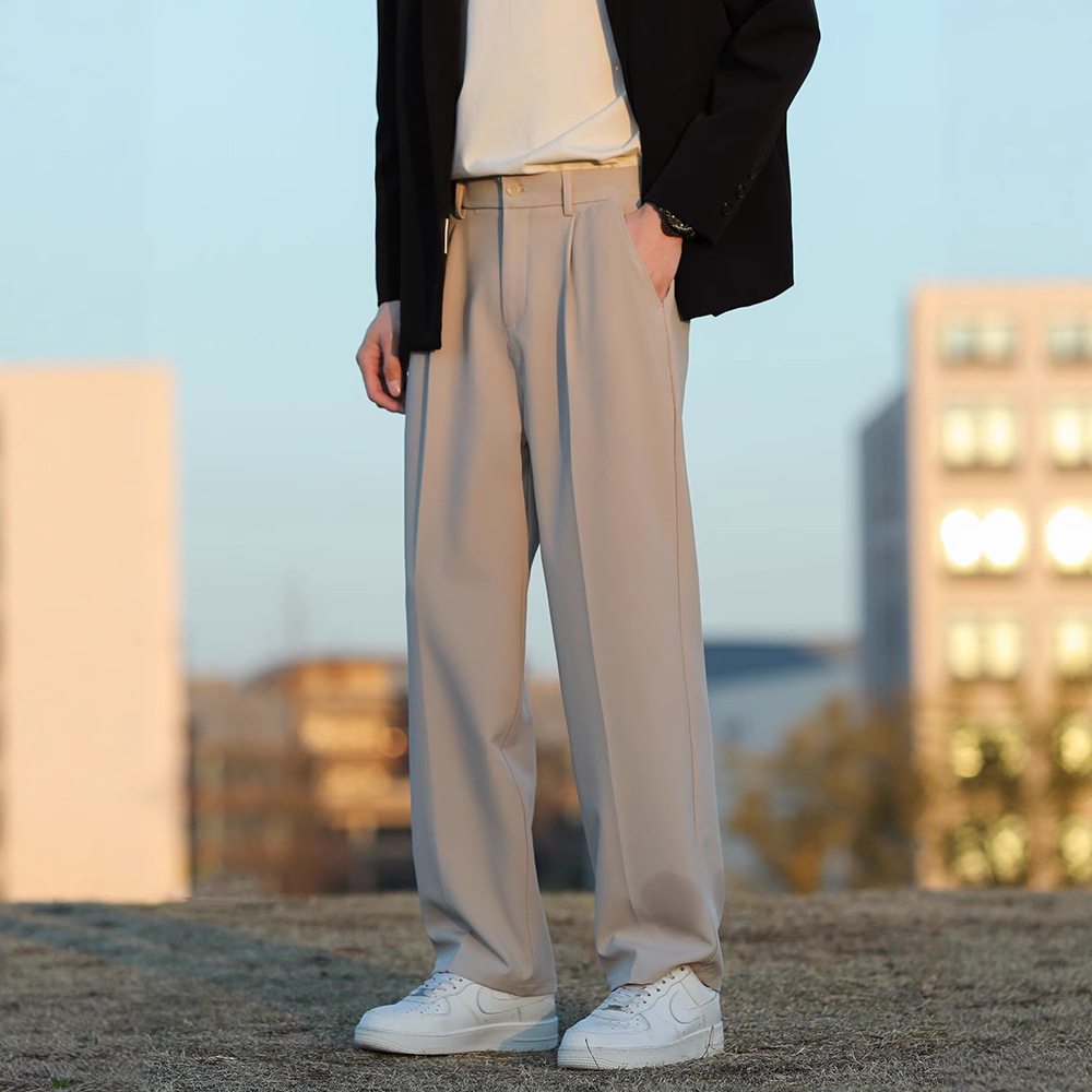 卡其色垂感西裤男士春秋夏季新款宽松大码直筒西装裤男生休闲