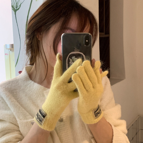 Fingerless touch screen student warm cycling gloves Korean version solid color French standard containing rabbit fur warm gloves women's winter finger gloves