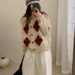圆领撞色菱格复古毛衣女秋冬新款简约高级感针织开衫宽松上衣外套