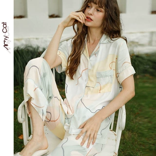 咪熙猫 睡衣女夏季薄款 贡缎短裤短袖开衫 线条居服韩版时尚套装T