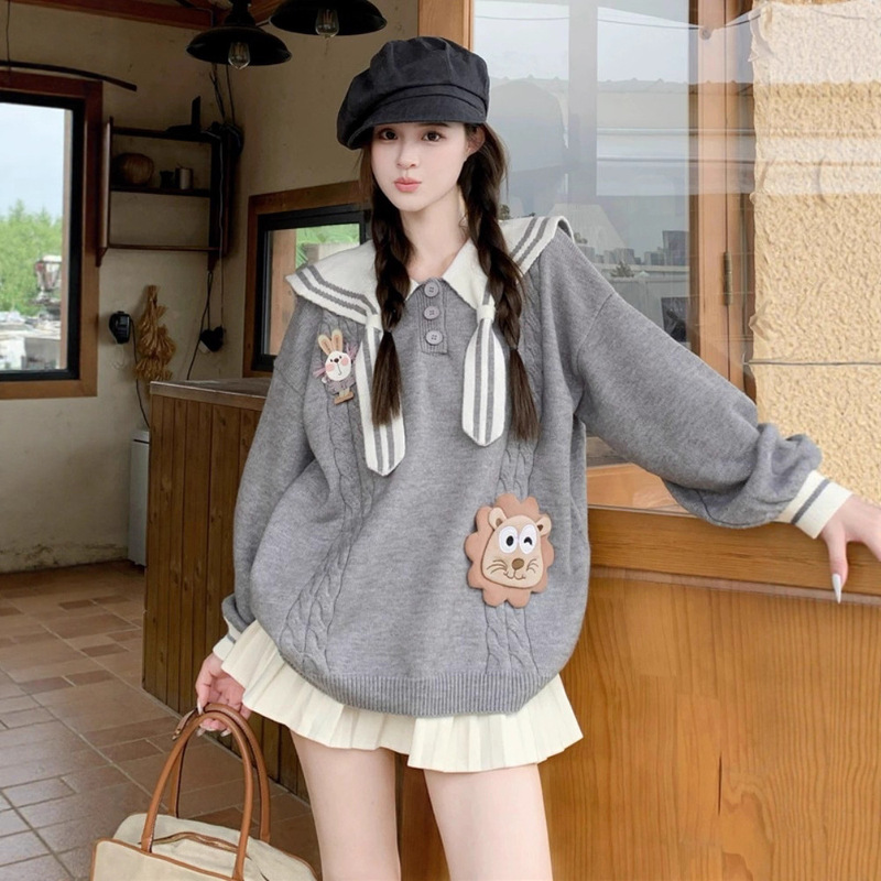 Plus Size Fat mm Autum New Navy Collar Cute and Sweet Knitted Sweater Loose Slimming Look Pullover Long-Sleeved Top for Women