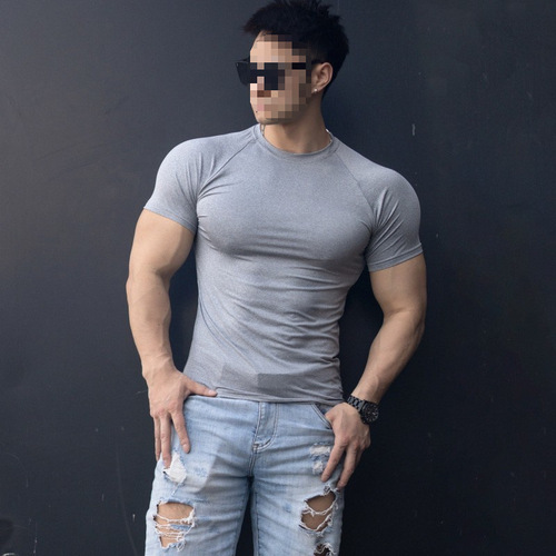 Pure Color Slim Fit Elastic Fitness Top Short Sleeve Men's T-Shirt Sports Basketball Running Training Quick Dry Base Layer Shirt