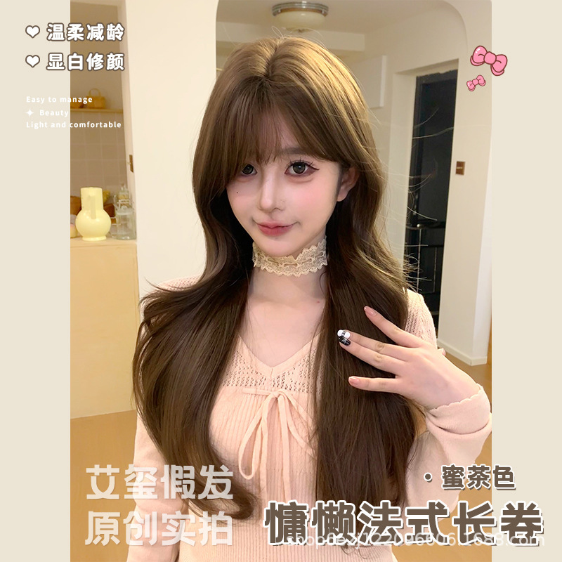 Long Curly Wig for Women, Internet Celebrity Style, with Bangs, Honey Tea Color, Realistic Scalp, Lolita Style, Natural Daily Face-Framing Full Wig
