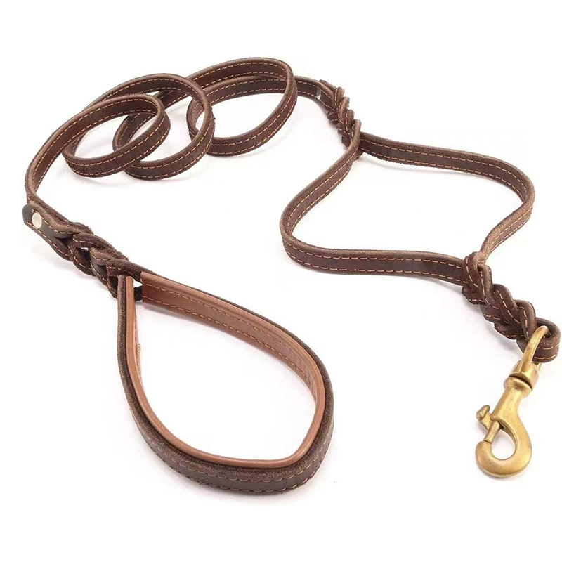 Двухручный кожаный поводок производителя с латунным крючком для золотистых ретриверов, немецких овчарок, крупных и средних собак, оптовая продажа кожаных поводков для собак
