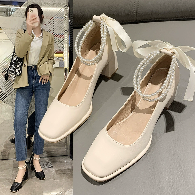 Fairy Style, туфли Мэри Джейн в стиле ретро с жемчугом, средний каблук, квадратный носок, на мелком каблуке, однослойные туфли, женские туфли на высоком каблуке с бантом, 2022