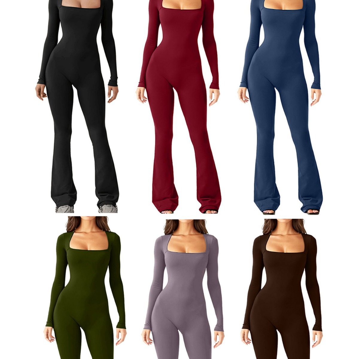 Mono elástico de manga larga con cuello cuadrado, control de abdomen, cintura ajustada y levantamiento de glúteos para mujer, estilo europeo y americano, ideal para comercio exterior en Amazon 2024