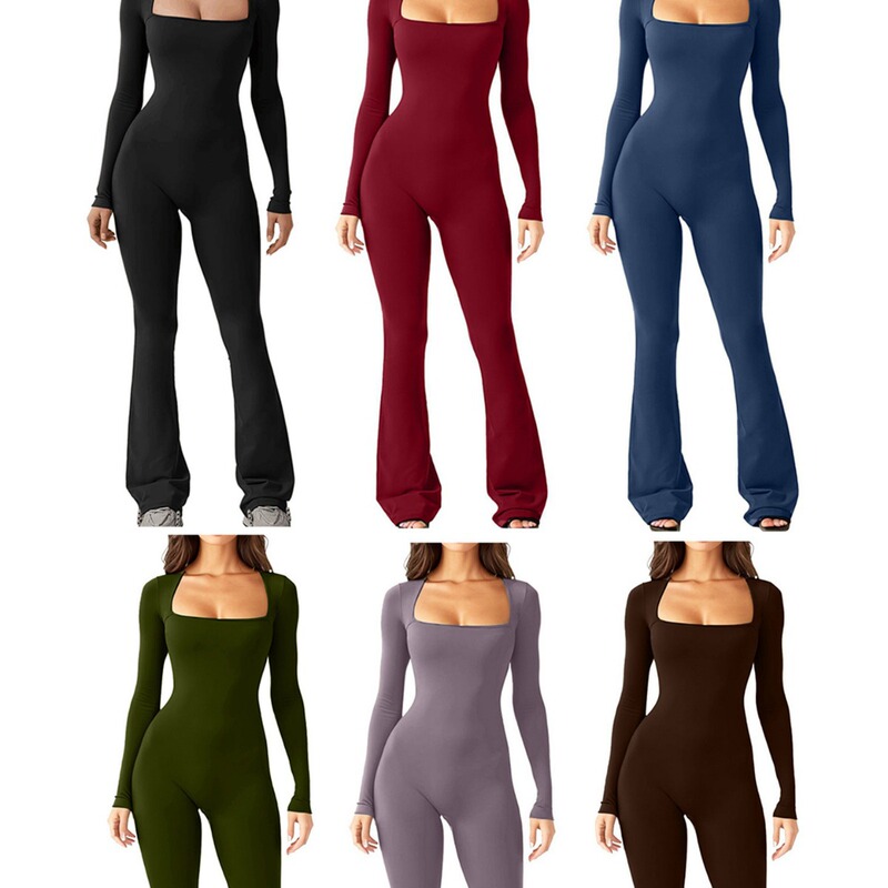 2024 European and American Amazon Export Women's Long-Sleeved Tummy-Tightening Waist-Lifting Butt-Lifting Square-Neck Wide-Leg High-Elastic Jumpsuit 2024 European and American Amazon Export Women's Long-Sleeved Tummy-Tightening Waist-Lifting Butt-Lifting Square-Neck Wide-Leg High-Elastic Jumpsuit