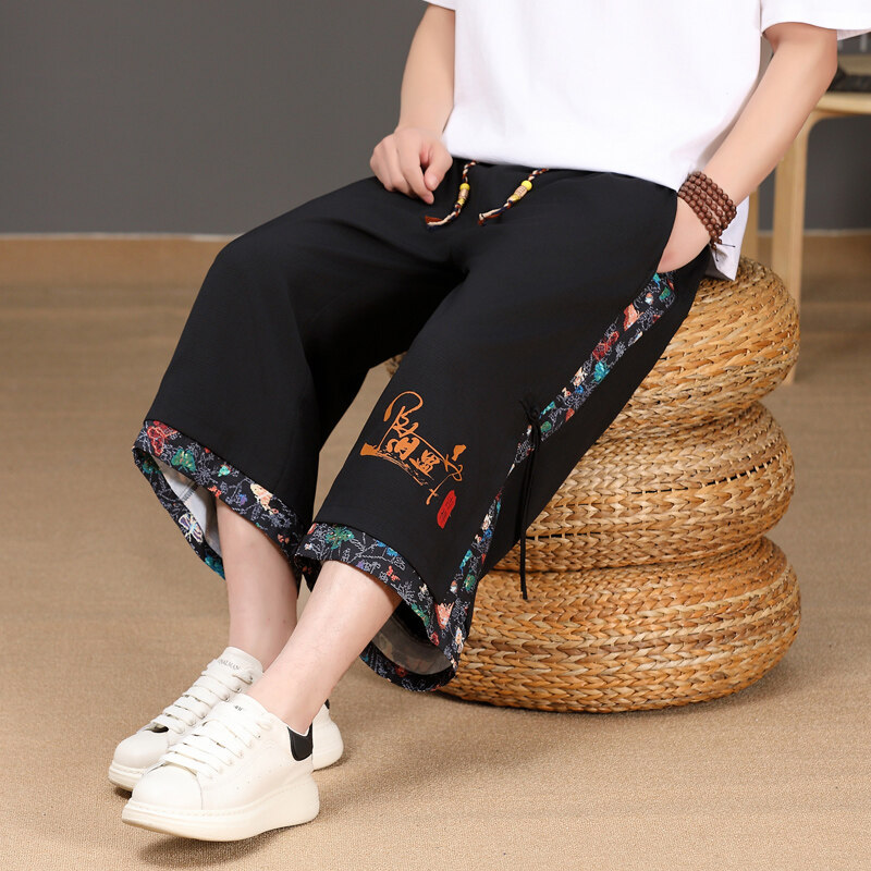 Chinese Style 2025 New Men's Shorts Loose Ice Silk Cropped Pants National Trend New Chinese Casual Beach Shorts Men