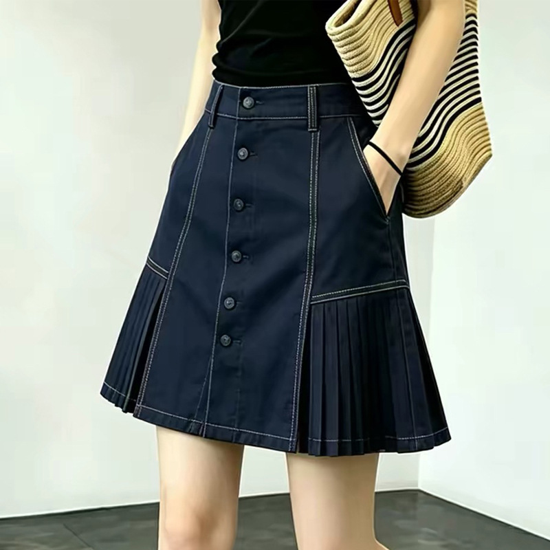 2026 New Button-Down Pleated Midi Skirt for Women, High-Waisted, Slimming, Navy Blue, Stylish and Elegant A-Line Pleated Mini Skirt