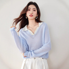 2025秋季新款韩系翻领撞色针织衫女宽松百搭长袖薄款面膜毛衣