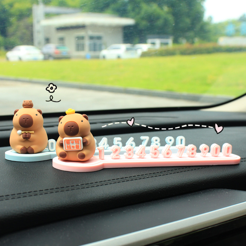 卡皮巴拉水豚临时挪车电话号码联系卡停车牌卡通可爱创意女车内饰