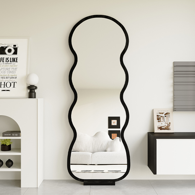 Espejo de piso ondulado, espejo de vestir, sala de estar doméstica, espejo de cuerpo completo de alta calidad, dormitorio de niñas colgado contra la pared, espejo de prueba de pared