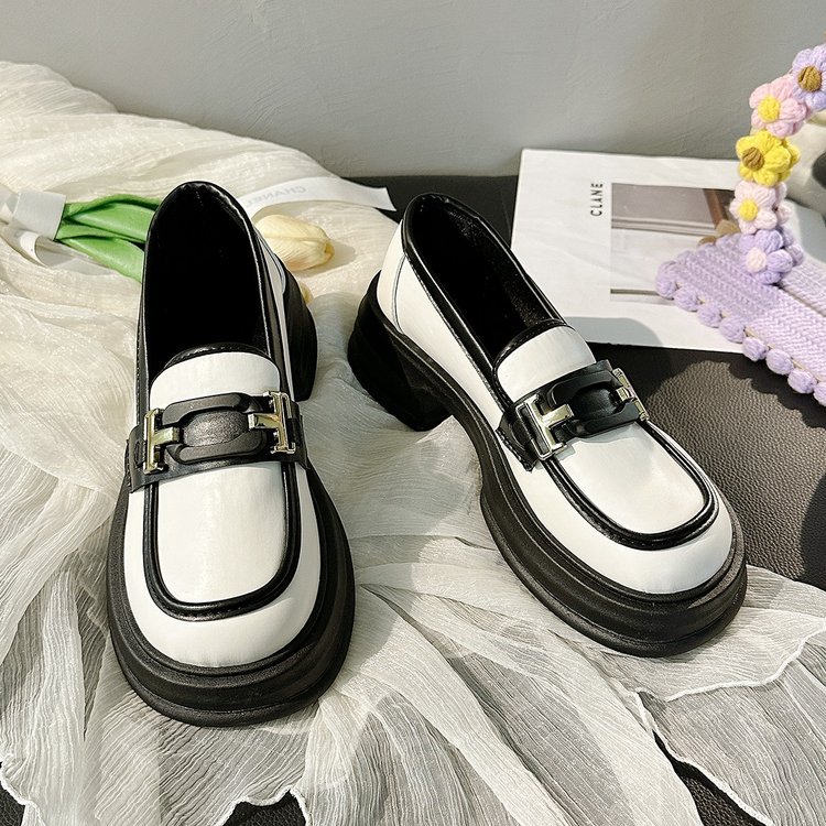 英伦风浅口乐福鞋2025秋新款拼色女单鞋jk松糕皮鞋厚底内增高女鞋