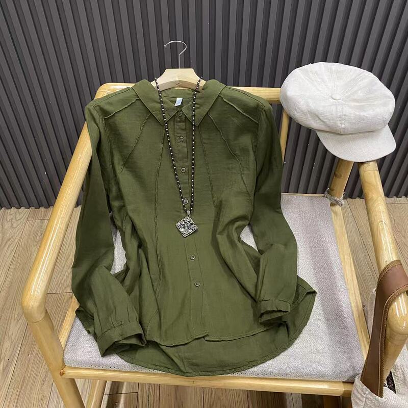 Autumn lapel pleated pure cotton long-sleeve shirt, solid color, loose fit, cotton yarn, versatile button-down top for women C87357