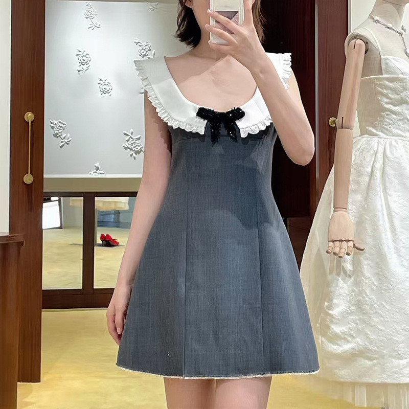 [Ready Stock] New Summer Style Low Round Neck Sweet Bow Tie Waist-Cinching Sleeveless Dress 25204