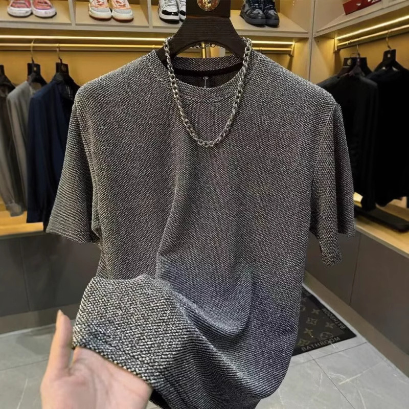 T-shirt texturé uni pour homme, manches courtes, coupe ample, épais, style américain tendance_voghion.com