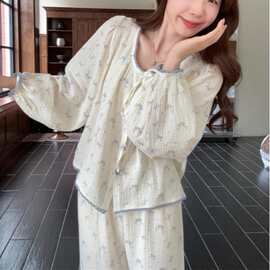 韩国ins女士春秋韩系蝴蝶结简约舒适花边睡衣套装休闲家居服批发