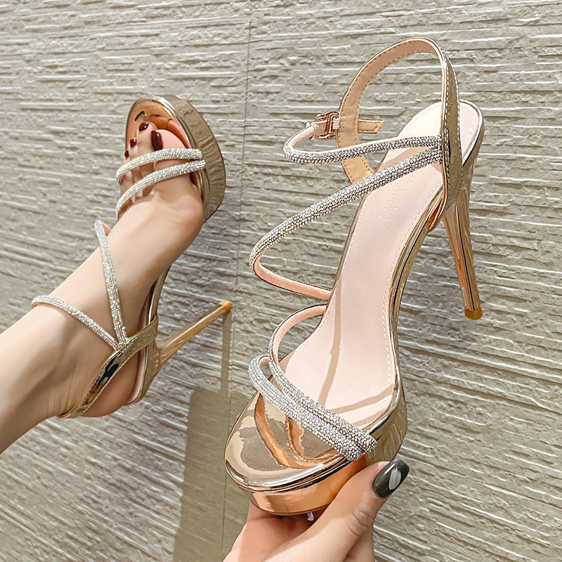 Round Heel Sandals Banquet Goddess Summer New Daily Casual All-match Fashionable PU Rhinestone Thin Heel