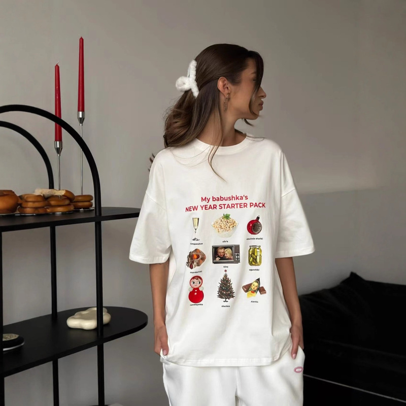 100% Cotton Short-Sleeved T-Shirt Summer New Fun Age-Reducing Ins Style Loose Casual Popular Printed Slimming Look Top