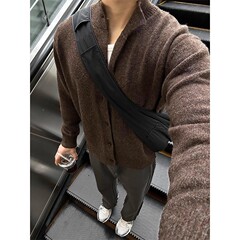 老钱风咖色混纺半高领毛衣开衫男款秋季高级感cleanfit针织衫外套