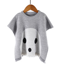 贴牌加工日本单风格儿童提花挂毛嵌花背心披肩手钩流苏有机棉毛衣