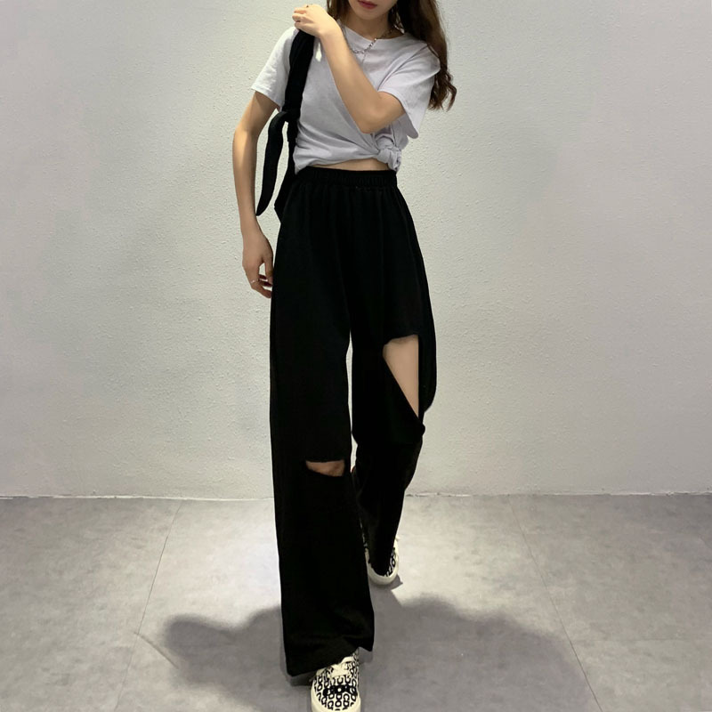 High waist ripped pants women's summer design sense niche thin casual draping wide leg pants mopping pants sports pants women's fashion