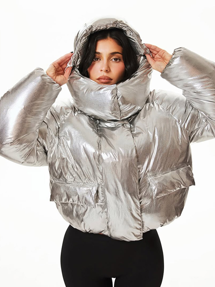 Temperamento de moda encapuchado estilo brillante manga larga abrigo de algodón corto 2025, otoño y invierno nuevo estilo europeo y americano transfronterizo