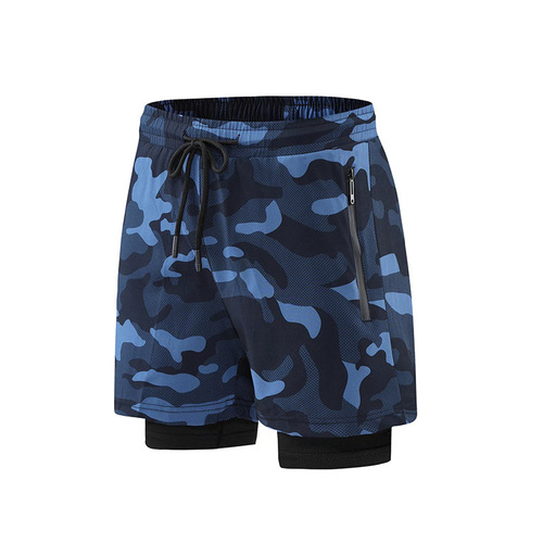 New  Double-layer Sports Pants for Men in Camouflage, Two-piece Running Shorts, 5/8 Length, Amazon Fitness