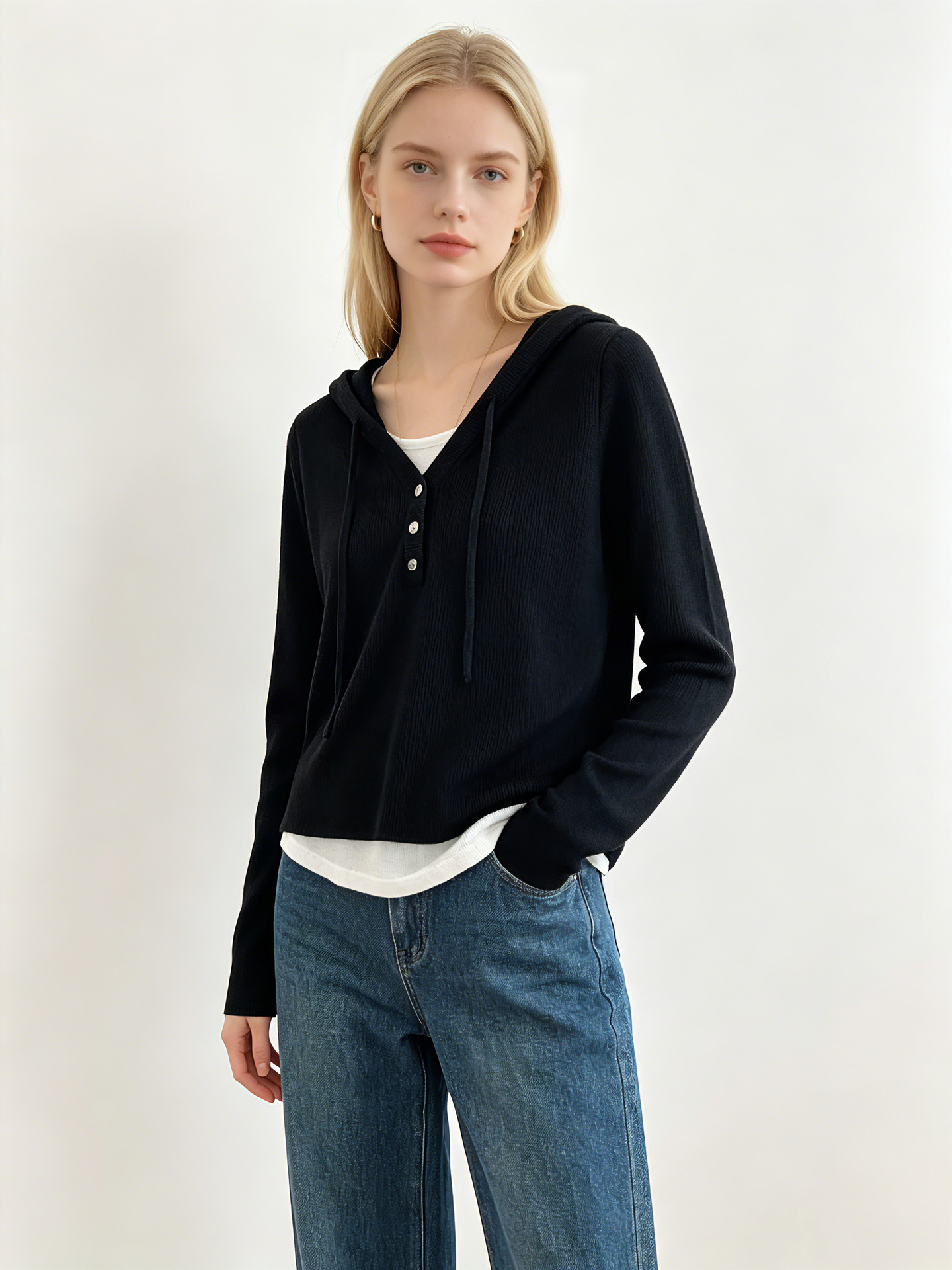 Foreign Trade Cross-Border Women's Clothing European and American Autumn and Winter New Style Fake Two-Piece Hooded Knit Sweater with a Unique Design and Long Sleeves