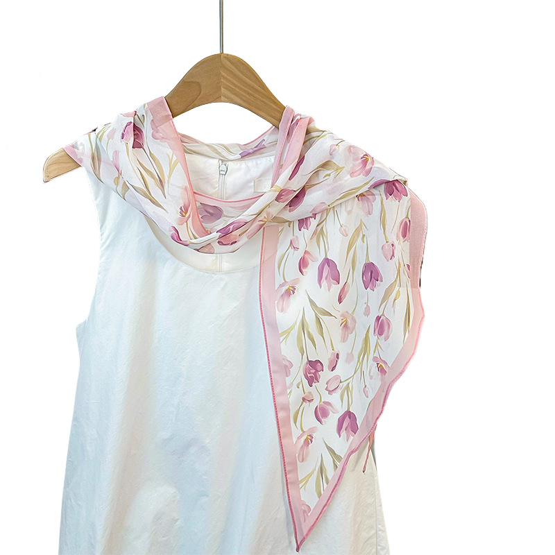 Bufanda de seda, banda larga, sentido de alta calidad, flor de doble cara, sentido de la atmósfera coreana, pañuelo, cinturón para el cabello, bufanda decorativa, bufanda fina, chal