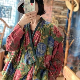 Luogu Mud Nostalgic Literary Double-Layer Cotton Gauze Loose Quilted Lace-Up Flower Waistcoat 2004 Camellia