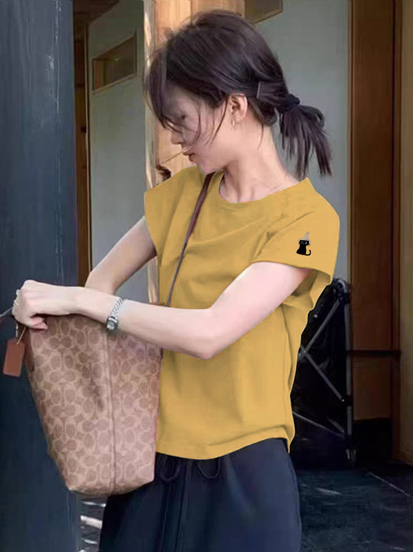 韓国風小柄グリーン右肩半袖Tシャツレディース夏服新デザインニッチ猫プリントトップ|undefined