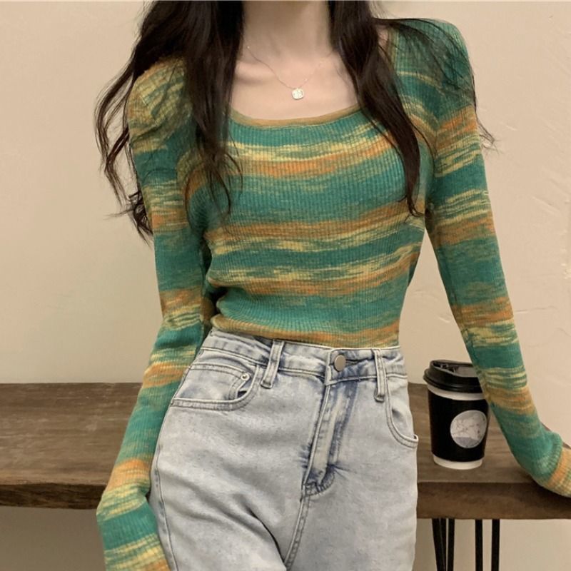 设计感条纹方领打底内搭女长袖早秋季短款hic甜辣修身显瘦打底衫|undefined