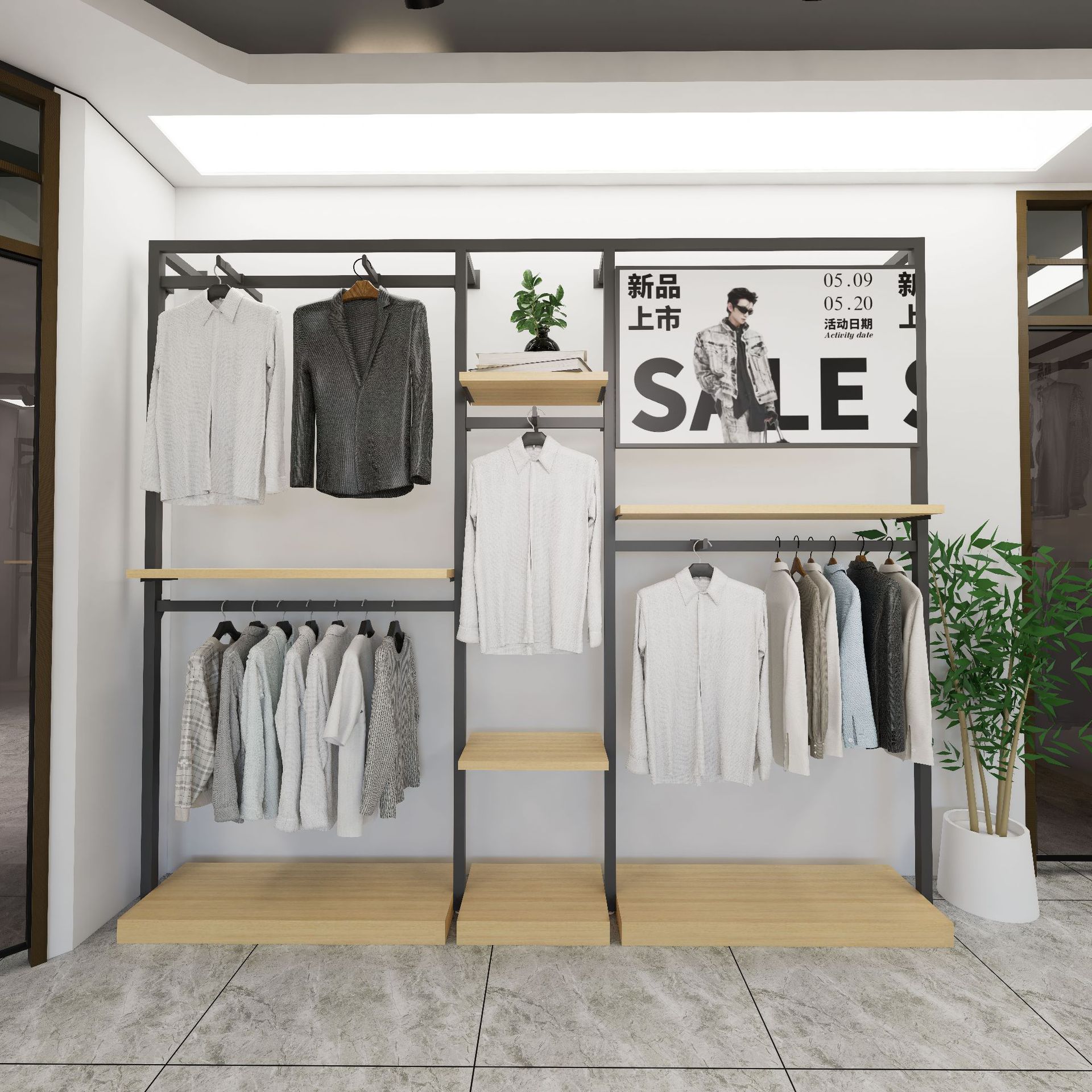 Shopping Mall marca tienda de ropa estante de exhibición personalizado tipo suelo colgante etiqueta logotipo punzante estante de exhibición de pared