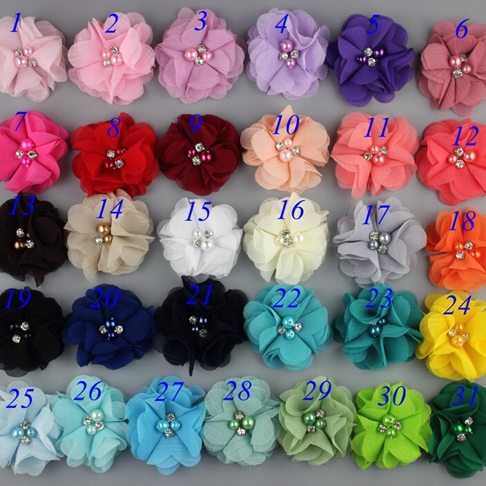 33 color high quality solid color chiffon head flower ten petal Pearl Diamond Flower hand sewing cloth flower plus hairpin hair band