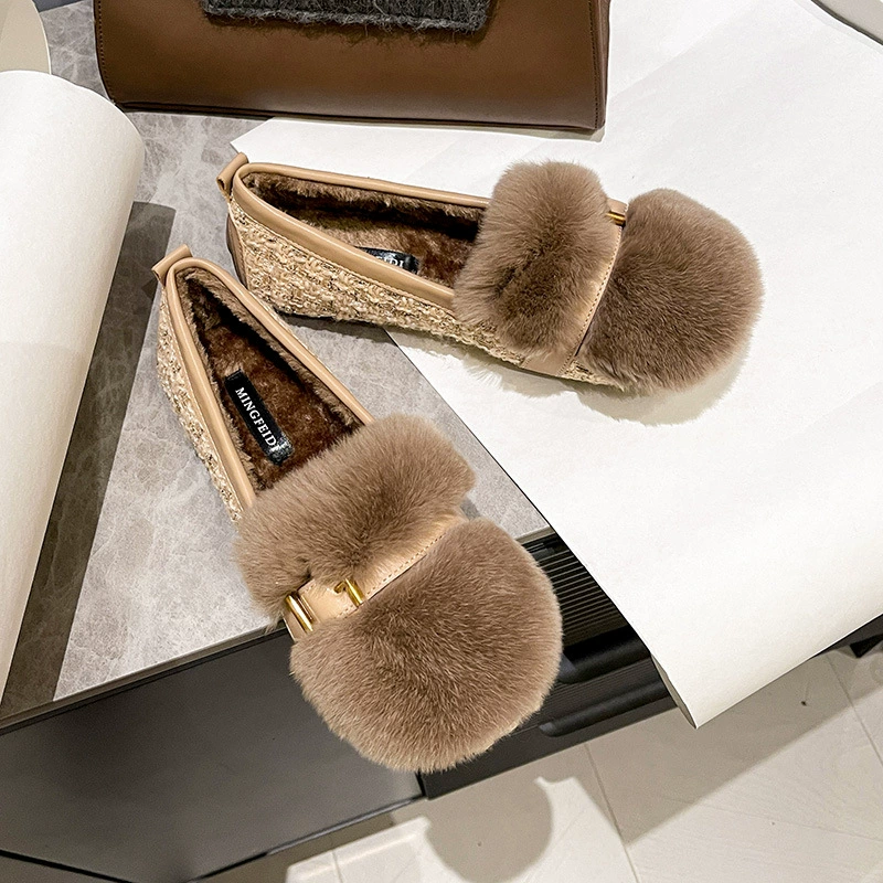 Осень и зима 2024 новые плоские бобовые ботинки женские плюшевые теплые меховые ботинки женские зимние носики 41-43