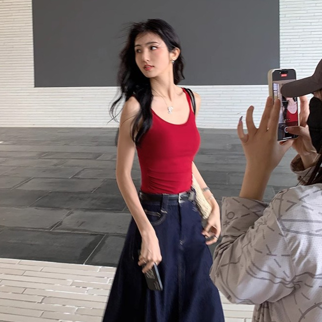 Basic Red Camisole Women's Summer Waist Slimming Knitted Sleeveless Sexy Top T-Shirt with Breast Pads for Women