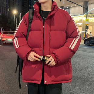 Men's Winter New Red Cotton Jacket Trendy Short Windproof Warm Thick Cotton Coat Stand Collar Puffer Jacket